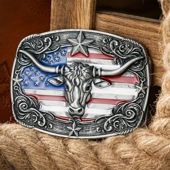 New Longhorn steer bull rodeo American Flag western Belt Buckle Silver Or Gold